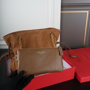 Yves Saint Laurent Brown Leather Pouch with Suede Tote and Gold Chain Strap